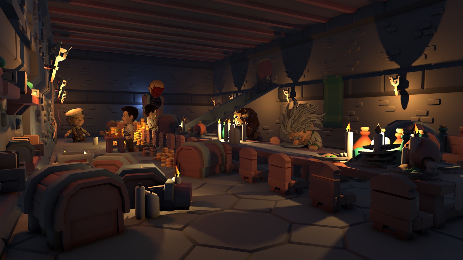 A candlelit hall: the council of the month, gold piled on the table